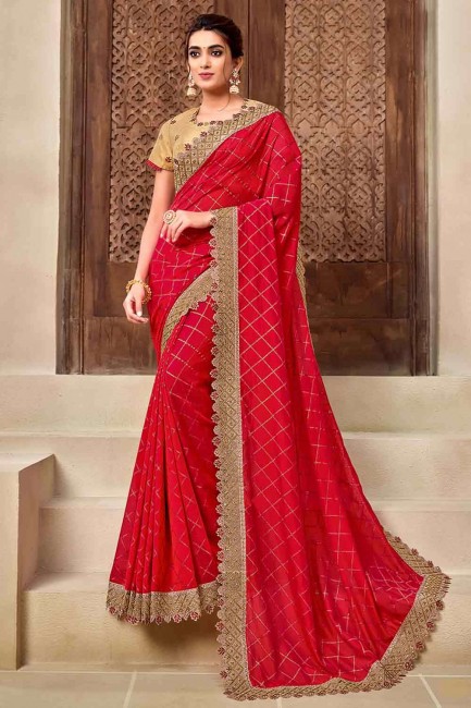 Luring Red Georgette and silk Saree