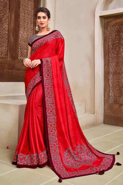 Ethinc Red Georgette and silk Saree