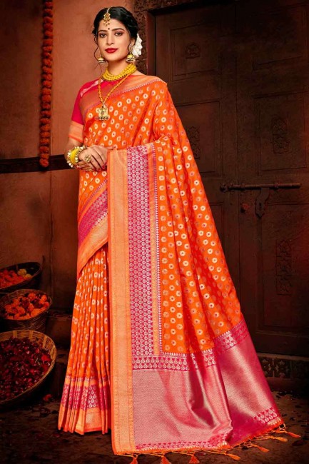 Splendid Orange Art silk South Indian Saree
