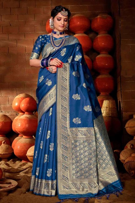 Snazzy Blue Banarasi raw silk Banarasi Saree