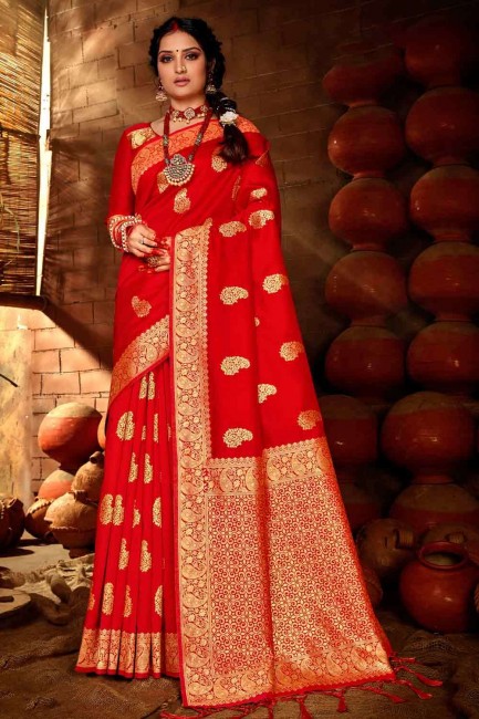 Delicate Red Banarasi raw silk Banarasi Saree