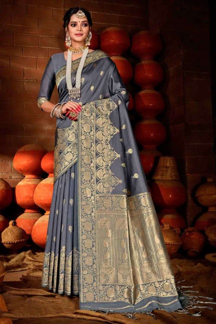 Fashionable Grey Banarasi raw silk Banarasi Saree