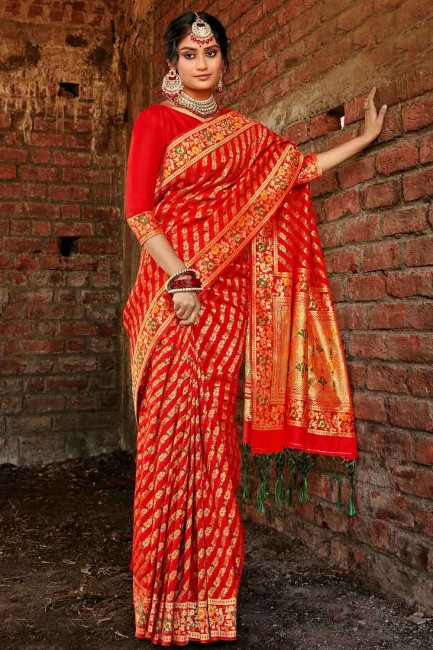 Charming Red Banarasi raw silk Banarasi Saree