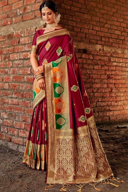 designer Maroon Banarasi raw silk  Banarasi Saree