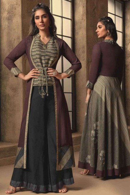 Cotton and silk Anarkali Suit in Grey