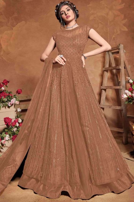 Embroidered Anarkali Suit in Fawn