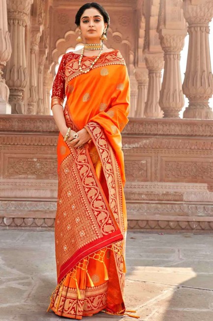 Excellent Orange Banarasi raw silk Banarasi Saree