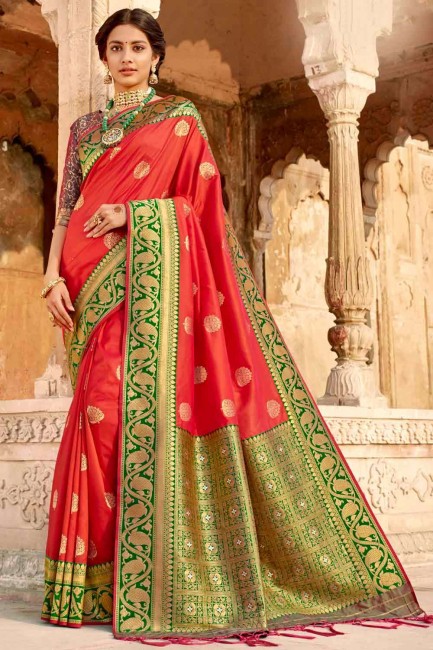 Splendid Banarasi raw silk Banarasi Saree in Red