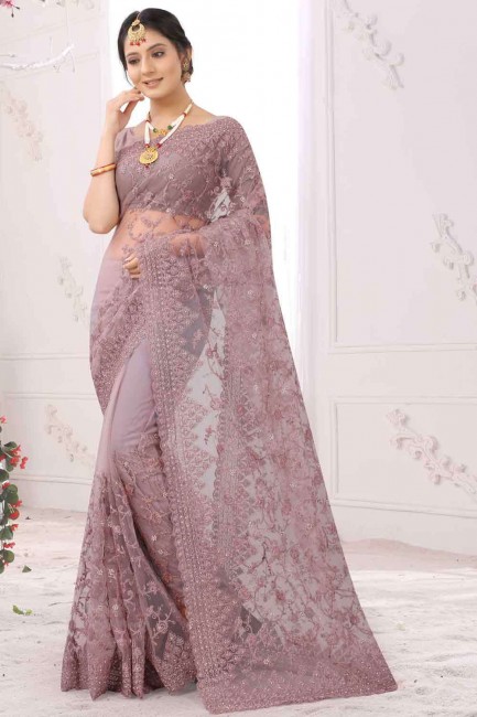 Elegant Embroidered Saree in Violet