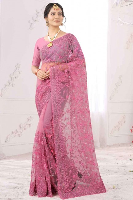 Enticing Embroidered Saree in Pink