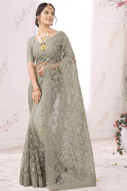 Embroidered Saree in Silver