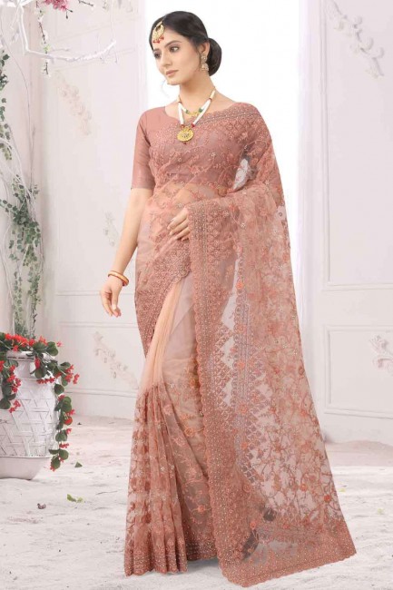 Embroidered Indian Saree in Rust