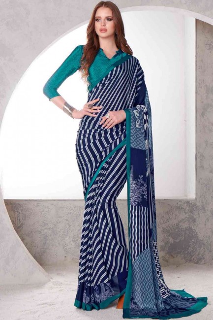 Printed Saree in Shaded blue