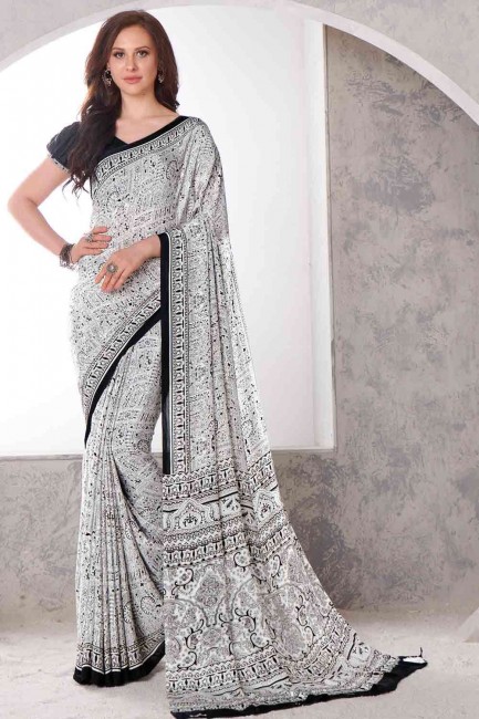 Printed Saree in Shaded white