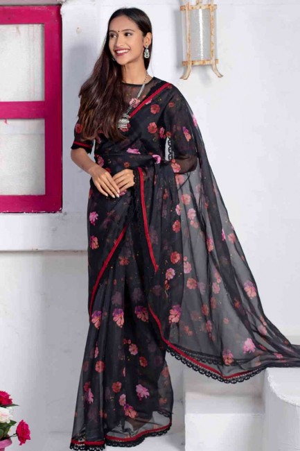 Indian Ethnic Printed Saree in Black