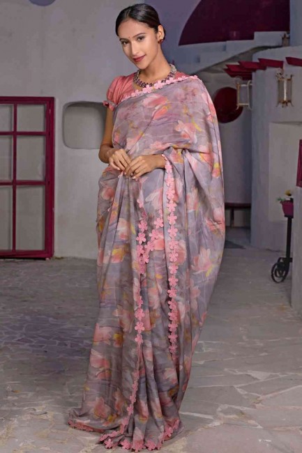 Grey,pink Silk  Saree