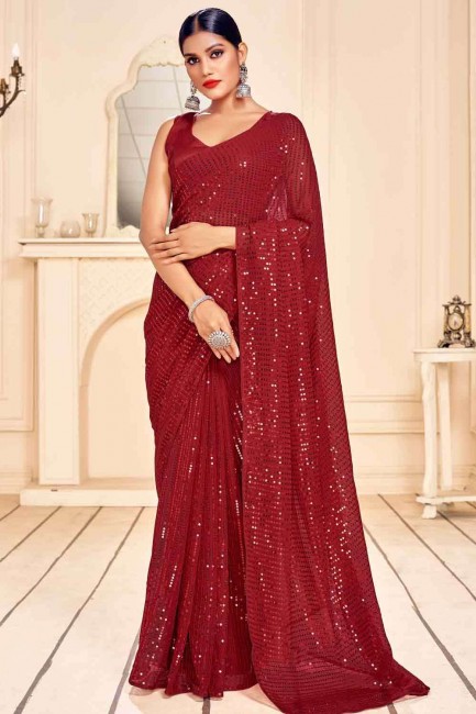 Contemporary Embroidered Saree in Red