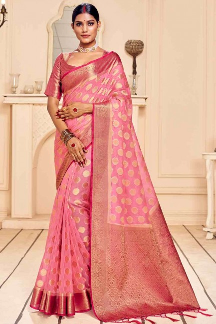 Attractive Pink Banarasi raw silk Banarasi Saree
