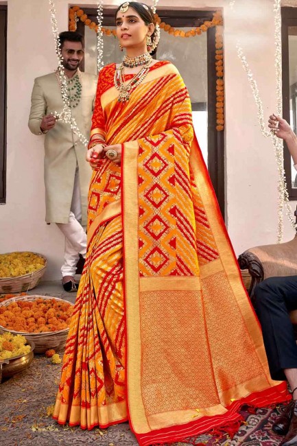 Indian Ethnic Banarasi raw silk Banarasi Saree in Orange