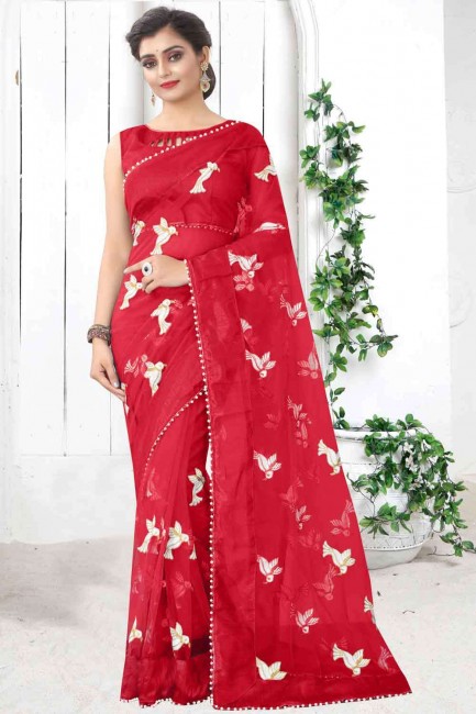 Net Saree in Red