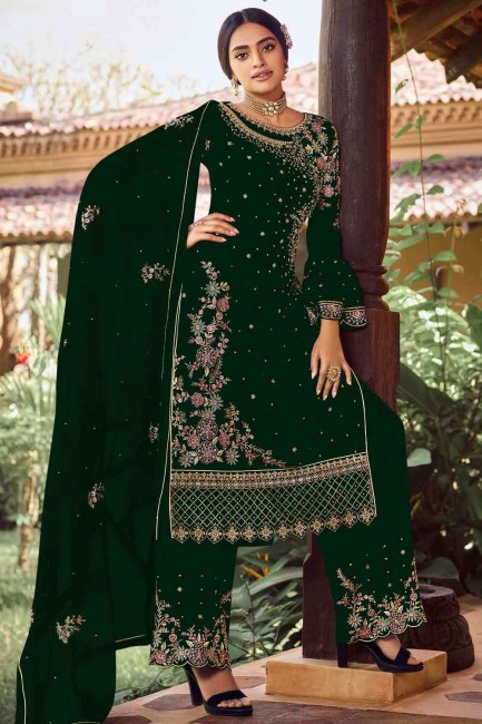 Embroidered Palazzo Suit in Bottle green