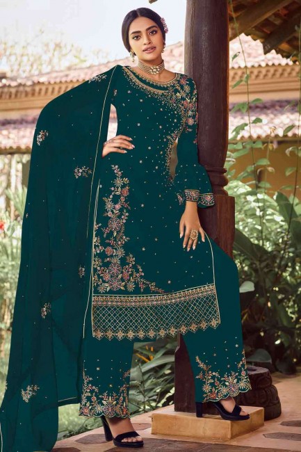 Faux georgette Palazzo Suit in Teal