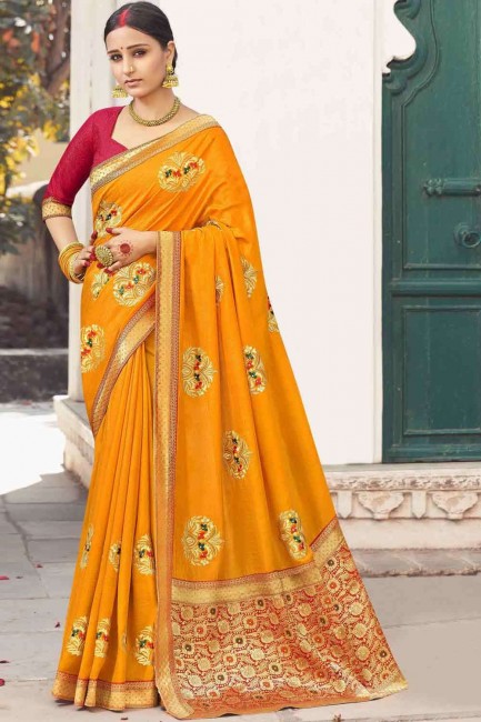 Excellent Embroidered Saree in Mustard