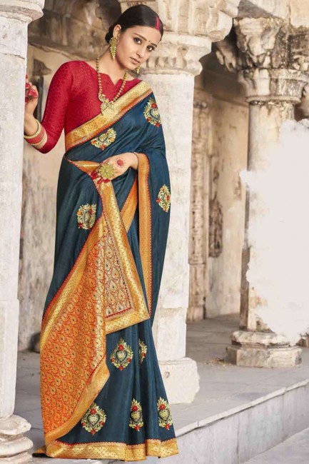 Embroidered Saree in Teal blue