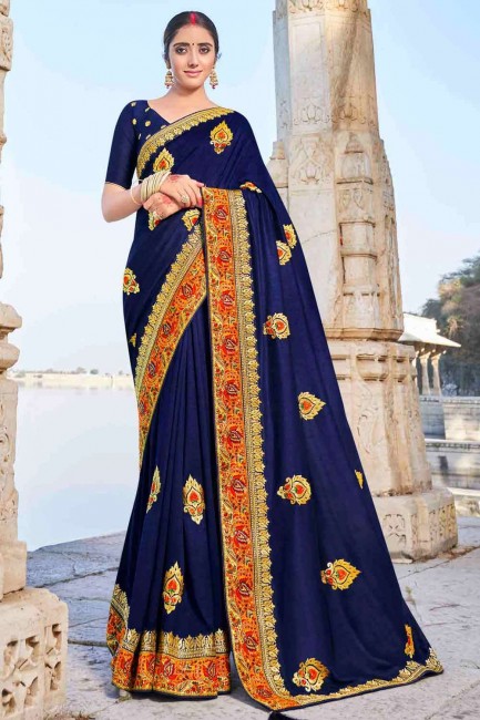 Stylish Embroidered Saree in Navy blue