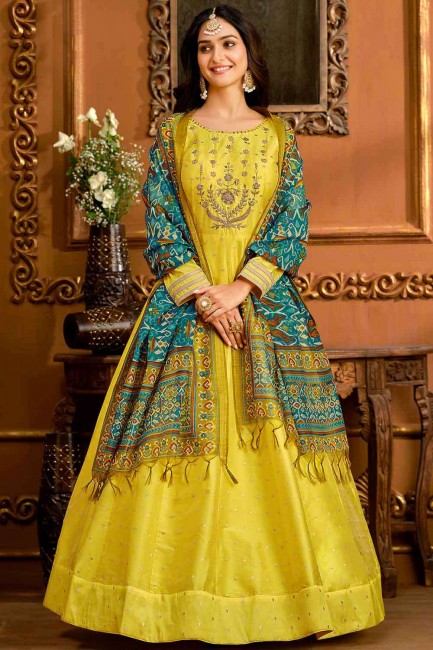 Silk and taffeta Anarkali Suit in Yellow