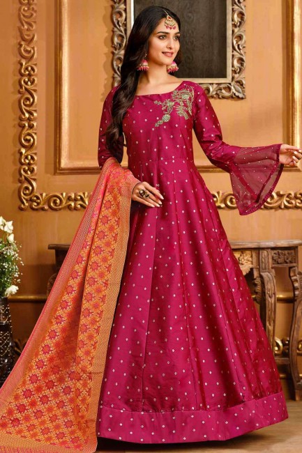 Silk and taffeta Anarkali Suit in Dark pink