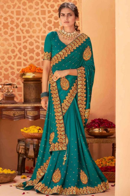 Patch Silk Saree in Dark blue,green with Blouse