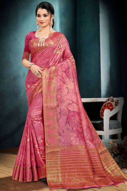 Saree in Tulip pink Cotton with Weaving