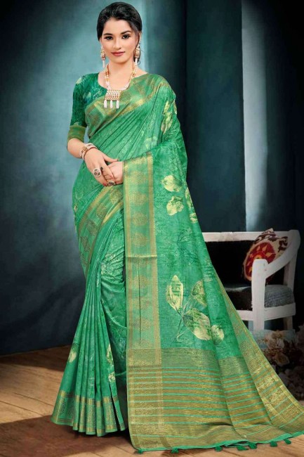 Cotton Clover green Saree in Weaving