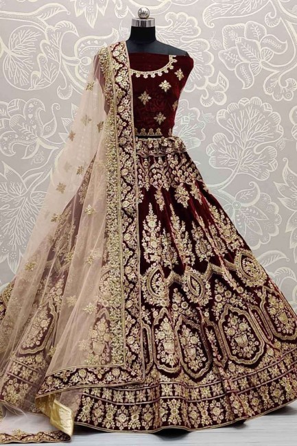 Velvet Lehenga Choli in Dark maroon with Embroidered