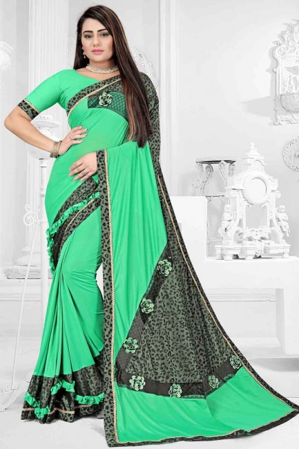 Cotton poly Embroidered Paris green Saree with Blouse