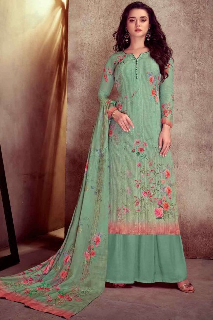 Cotton Viridian green Palazzo Suit in Printed
