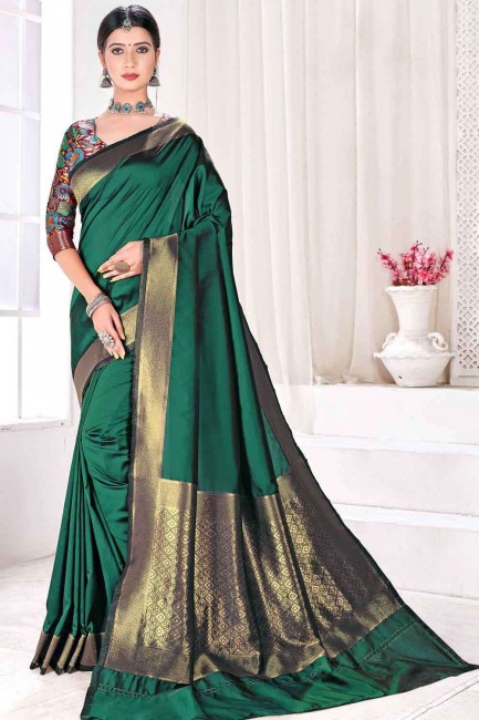 Dark green blue South Indian Diwali Saree with Weaving Jacquard and silk