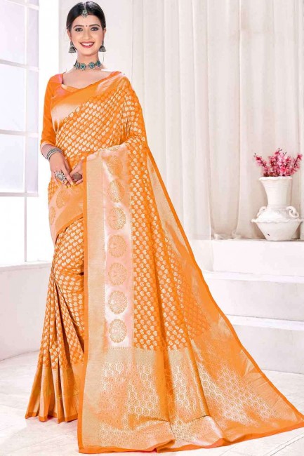 Weaving South Indian Saree in Mango orange Jacquard and silk