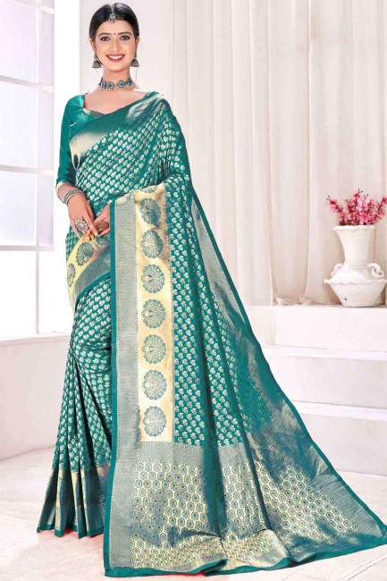 Surfie green South Indian Diwali Saree in Jacquard and silk with Weaving