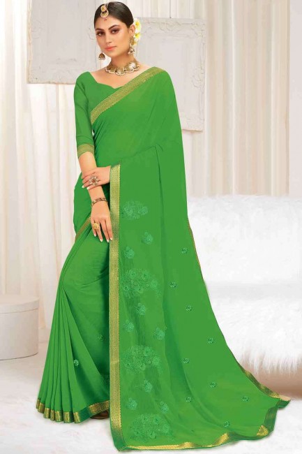 Parrot green Embroidered Saree in Georgette