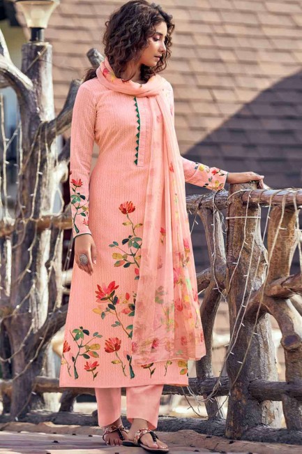 Printed Cotton Salwar Kameez in Rose bud pink with Dupatta