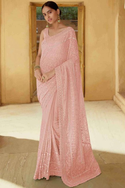 Georgette Saree with Mirror in Peach
