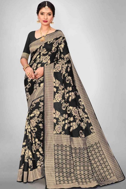 Weaving South Indian Saree in Black Art silk