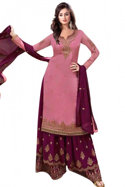 Dusty rose pink Sharara Suit in Satin georgette with Embroidered