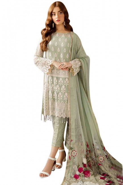Faux georgette Palazzo Suit with Embroidered in Pale oyster
