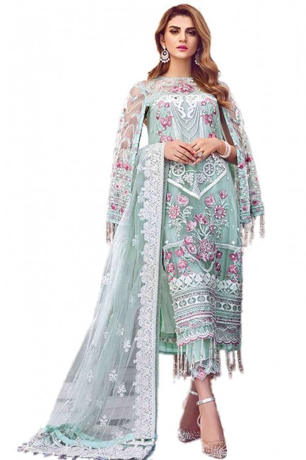 Embroidered Net Palazzo Suit in Sea green