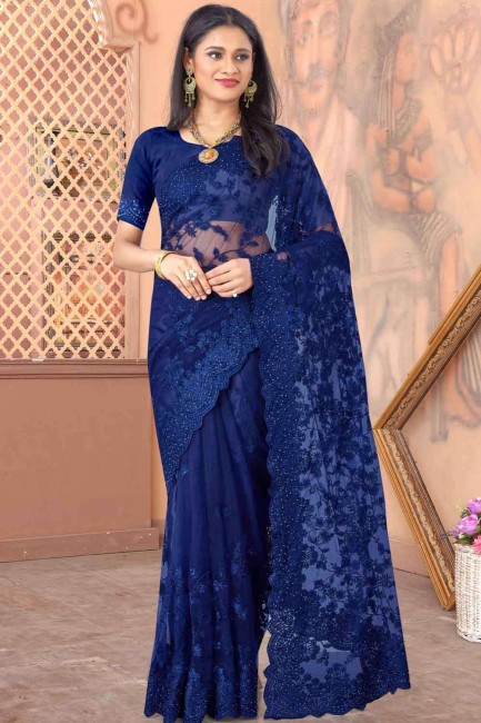 Deep cove blue Saree in Net with Stone with moti