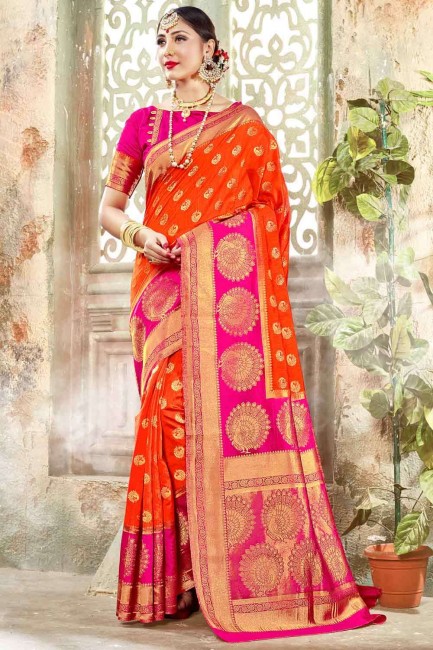 Bright orange Weaving Banarasi Saree in Banarasi raw silk