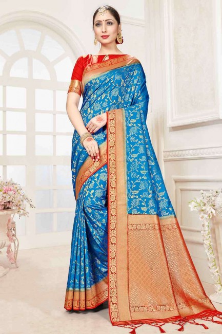 raw silk Banarasi Saree in Water blue with Weaving